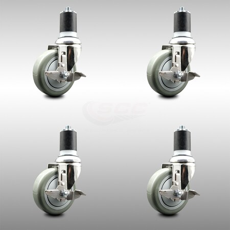 Service Caster 4 Inch 316SS Gray Poly Swivel 1-3/4 Inch Expanding Stem Caster Set Brake SCC SCC-SS316EX20S414-PPUB-TLB-134-4